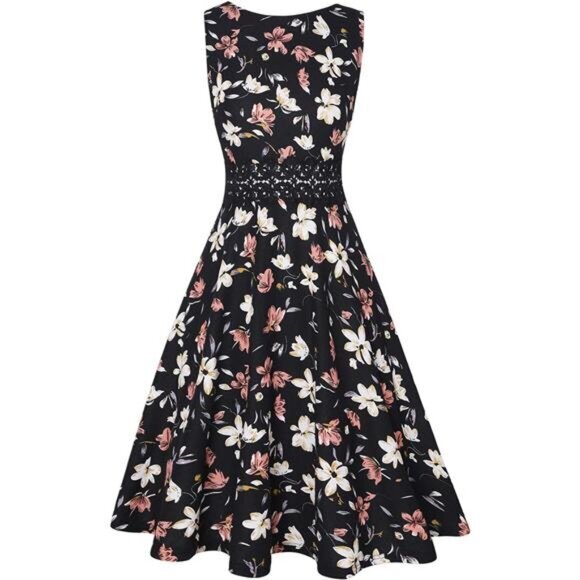 Women's Vintage Floral Lace A-Line Swing Dress - Sleeveless Cocktail Party Dress - Picture 3 of 5